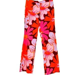 Floral Psychedelic Print Pants Orange Pink Retro Mod 6 60s Hippie Natural Fiber